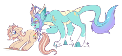 Size: 1500x689 | Tagged: safe, artist:lulubell, derpibooru import, oc, oc only, oc:lulubell, oc:magnolia, kirin, pony, unicorn, dragging, implied vore, profile, sharp teeth, simple background, smiling, smirk, teeth, transparent background