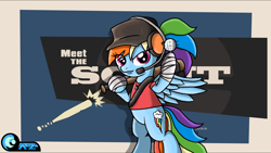 Size: 2048x1152 | Tagged: safe, artist:az-derped-unicorn, derpibooru import, rainbow dash, pegasus, pony, baseball bat, crossover, headset, meet the scout, scout, solo, team fortress 2, video game