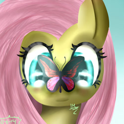 Size: 600x600 | Tagged: safe, artist:juniormintotter, fluttershy, butterfly, pegasus, pony, female, mare, solo