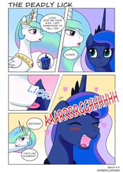 Size: 1653x2338 | Tagged: safe, artist:vanillafox2035, princess celestia, princess luna, alicorn, pony, blushing, comic, cute, embarrassed, female, floppy ears, heart, licking, lunabetes, mare, prank, royal sisters, siblings, sisters, teasing, tongue out