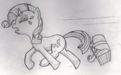 Size: 900x562 | Tagged: safe, artist:antiemuforce, rarity, mimic, pony, unicorn, chase, monochrome, solo, treasure chest