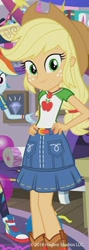 Size: 314x883 | Tagged: safe, derpibooru import, screencap, applejack, rainbow dash, better together, equestria girls, applejack's hat, belt, clothes, cowboy hat, cropped, denim skirt, female, freckles, geode of super strength, hat, offscreen character, skirt, smiling, stetson