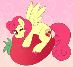 Size: 888x819 | Tagged: safe, artist:lulubell, derpibooru import, strawberry sunrise, pegasus, pony, cute, female, food, fruit, giant produce, mare, solo, strawberry, strawwberry sunrise, suspicious floating fruit