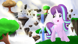 Size: 1920x1080 | Tagged: safe, artist:nicxchy, starlight glimmer, pony, unicorn, cloud, female, floating island, grass, mare, raised hoof, scenery, sky, solo, tree, waterfall