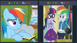 Size: 751x423 | Tagged: safe, derpibooru import, rainbow dash, sci-twi, twilight sparkle, pony, better together, equestria girls, flutter brutter, book, clothes, derpibooru, female, geode of super speed, geode of telekinesis, glasses, hoodie, juxtaposition, juxtaposition win, magical geodes, meme, meta, pants, skirt, sofa