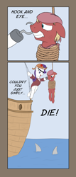 Size: 4362x10157 | Tagged: safe, artist:arvaus, rarity, oc, pony, shark, unicorn, absurd resolution, art of the dress, bipedal, eyepatch, hook, ocean, peril, pirate, rope, ship, tied up