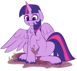 Size: 761x697 | Tagged: safe, artist:lulubell, derpibooru import, twilight sparkle, twilight sparkle (alicorn), alicorn, pony, chest fluff, disgusted, female, mare, mud, muddy, raised hoof, simple background, sitting, solo, transparent background