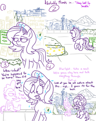 Size: 1280x1611 | Tagged: safe, artist:adorkabletwilightandfriends, spike, starlight glimmer, dragon, pony, unicorn, comic:adorkable twilight and friends, adorkable, adorkable friends, butt, city, cityscape, coffee, coffee cup, comic, conversation, cup, cute, dork, feelings, friends, glowing horn, horn, lineart, magic, maturity, mountain, park, plot, relationship, scenery, seaddle, shocked, sitting, skyline, surprised, talk, telekinesis, tree, walking