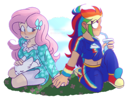 Size: 1024x803 | Tagged: safe, artist:saminamina, derpibooru import, angel bunny, fluttershy, rainbow dash, human, blushing, converse, drinking, female, flutterdash, hand grab, humanized, lesbian, shipping, shoes, simple background, straw, transparent background