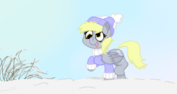 Size: 1500x800 | Tagged: safe, artist:eeveefromkalos123, derpy hooves, beanie, clothes, hat, scarf, snow, solo, winter