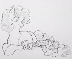 Size: 2046x1668 | Tagged: safe, artist:kianamai, pinkie pie, oc, oc:cloudy skies, oc:cotton candy, oc:sugar rush, earth pony, pony, female, kilalaverse, monochrome, mother and child, mother and daughter, newborn, next generation, offspring, parent and child, parent:pinkie pie, parent:pokey pierce, parents:pokeypie, pencil drawing, sisters, traditional art