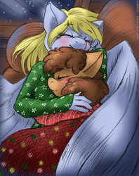 Size: 951x1200 | Tagged: safe, artist:kaemantis, derpy hooves, oc, oc:trissie, anthro, pegasus, blushing, canon x oc, clothes, cuddling, cute, female, hearth's warming eve, hug, lesbian, mare, shipping, sweater, weapons-grade cute, winghug