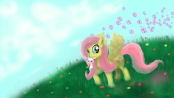 Size: 900x506 | Tagged: safe, artist:illusionmetal, angel bunny, fluttershy, butterfly, pegasus, pony, carrot, mouth hold