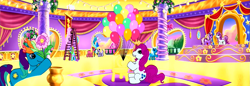 Size: 1395x480 | Tagged: safe, derpibooru import, screencap, pinkie pie, rainbow dash, rainbow dash (g3), twinkle twirl, earth pony, pony, dancing in the clouds, g3, balloon, g3 panorama, panorama