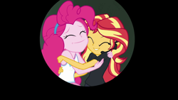 Size: 1280x720 | Tagged: safe, screencap, pinkie pie, sunset shimmer, all the world's off stage, all the world's off stage: pinkie pie, better together, equestria girls, hug, iris out