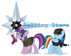 Size: 2716x2152 | Tagged: safe, artist:icaron, derpibooru import, rainbow dash, twilight sparkle, pegasus, pony, armor, battletech, cover, crossover, female, glowing horn, gun, helmet, m1911, mechwarrior, show accurate, simple background, transparent background, vector