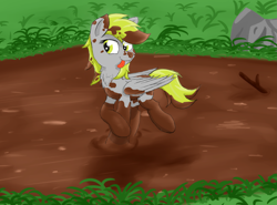 Size: 3385x2505 | Tagged: safe, artist:pzkratzer, derpy hooves, pegasus, pony, :p, dirty, mud, mud play, mud river, muddy, playing, silly, smiling, solo, tongue out, wet and messy