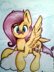 Size: 960x1280 | Tagged: safe, artist:shadowh00f, fluttershy, butterfly, pegasus, pony, cloud, cloudy, prone, solo, traditional art