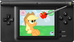 Size: 910x519 | Tagged: safe, artist:ipandacakes, applejack, earth pony, pony, apple, nintendo ds, pokémon, pokémon amie, solo