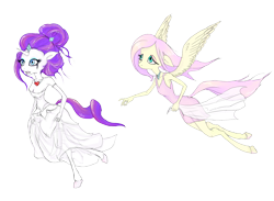 Size: 2017x1477 | Tagged: safe, artist:vautaryt, fluttershy, rarity, anthro, clothes, dress, fire ruby, running, running makeup, wedding dress