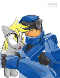 Size: 1024x1325 | Tagged: safe, artist:satv12, derpy hooves, pony, crossover, female, halo (series), holding a pony, mare, michael j caboose, red vs blue