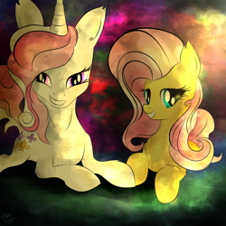Size: 1500x1500 | Tagged: safe, artist:pedrohander, fleur-de-lis, fluttershy, pegasus, pony, abstract background, bedroom eyes, colored, couple, cute, digital art, female, fluffy, flutter de lis, grin, lesbian, looking at you, prone, shipping, smiling