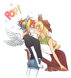 Size: 1100x1200 | Tagged: safe, artist:dcon, derpibooru import, applejack, rainbow dash, human, equestria girls, appledash, blushing, clothes, female, humanized, kissing, lesbian, ponied up, pony ears, shipping, shirt, shorts, spread wings, wingboner, winged humanization, wings