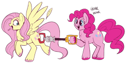 Size: 1200x595 | Tagged: safe, artist:lulubell, derpibooru import, fluttershy, pinkie pie, earth pony, pegasus, pony, butt grab, butt touch, colored hooves, cute, duo, eep, feather, female, grabbing, grope, honk honk, hoof hold, looking back, mare, mechanical claw, molestation, open mouth, personal space invasion, raised hoof, raised leg, simple background, smiling, spread wings, surprised, toy, transparent background, unshorn fetlocks, wide eyes, wings