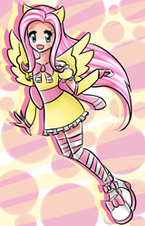 Size: 670x1050 | Tagged: safe, artist:mimizu-chan, fluttershy, human, clothes, eared humanization, humanized, socks, solo, striped socks, winged humanization