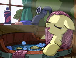 Size: 1650x1276 | Tagged: safe, artist:latecustomer, fluttershy, pegasus, pony, bath, bathtub, bubble, crepuscular rays, cute, eyes closed, female, floppy ears, mare, open mouth, relaxing, shampoo, smiling, soap, solo, spigot, tap, wet mane, window