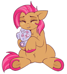 Size: 649x716 | Tagged: safe, artist:lulubell, derpibooru import, babs seed, earth pony, pony, crying, cuddling, eyes closed, female, filly, frog (hoof), lip bite, plushie, scared, solo, teary eyes, underhoof