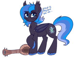 Size: 850x649 | Tagged: safe, artist:lulubell, derpibooru import, oc, oc only, oc:cricket, bat pony, pony, bat pony oc, female, freckles, glasses, guitar, mare, older, solo