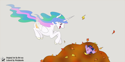 Size: 4500x2250 | Tagged: safe, artist:bri-sta, artist:wodahseht, princess celestia, twilight sparkle, alicorn, pony, cute, cutelestia, eyes closed, filly, happy, jumping, leaf pile, leaves, missing accessory, momlestia, open mouth, sillestia, silly, smiling, sweet dreams fuel, twiabetes, unshorn fetlocks, younger