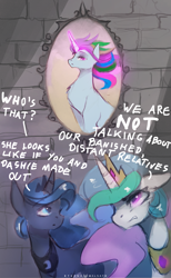 Size: 865x1400 | Tagged: safe, artist:foxinshadow, princess celestia, princess luna, alicorn, pony, celestabellebethabelle, crossover, dialogue, female, glowing horn, gravity falls, mare, the last mabelcorn