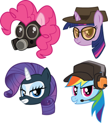 Size: 444x504 | Tagged: safe, artist:hfbn2, derpibooru import, pinkie pie, rainbow dash, rarity, twilight sparkle, earth pony, pegasus, pony, unicorn, gas mask, parody, pyro, scout, sniper, spy, team fortress 2