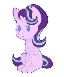 Size: 1000x1200 | Tagged: safe, artist:hazepages, starlight glimmer, pony, unicorn, chibi, female, mare, simple background, sitting, smiling, solo, transparent background, watermark