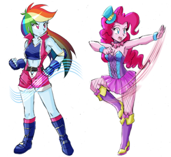 Size: 1913x1760 | Tagged: safe, artist:danmakuman, derpibooru import, edit, pinkie pie, rainbow dash, equestria girls, armpits, boots, bracelet, breasts, cleavage, clothes, costume, duo, fall formal outfits, female, hat, high heel boots, jewelry, lesbian, pinkiedash, shipping, shoes, simple background, sports bra, top hat, white background