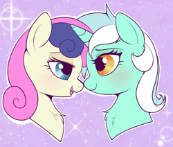 Size: 800x677 | Tagged: safe, artist:lulubell, derpibooru import, bon bon, lyra heartstrings, sweetie drops, earth pony, pony, unicorn, boop, bust, eye contact, female, lesbian, looking at each other, lyrabon, mare, noseboop, nuzzling, shipping, sparkles
