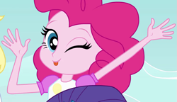 Size: 829x477 | Tagged: safe, screencap, pinkie pie, equestria girls, freshman fair, outfit catalog, tongue out, younger