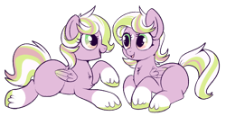 Size: 1100x569 | Tagged: safe, artist:lulubell, derpibooru import, oc, oc only, oc:sorbet, oc:yogurt, pegasus, pony, chest fluff, female, filly, mare, smiling, twins, unshorn fetlocks