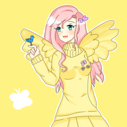 Size: 1100x1100 | Tagged: safe, artist:deathzuukii, fluttershy, bird, human, clothes, female, humanized, solo, sweater, sweatershy, winged humanization