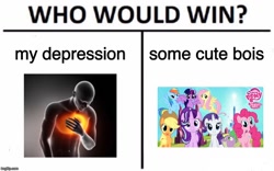 Size: 802x500 | Tagged: safe, applejack, fluttershy, pinkie pie, rainbow dash, rarity, spike, starlight glimmer, twilight sparkle, twilight sparkle (alicorn), alicorn, dragon, earth pony, pegasus, pony, unicorn, crystal empire, depression, meme, my little pony logo, who would win