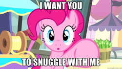 Size: 1280x720 | Tagged: safe, edit, edited screencap, screencap, pinkie pie, earth pony, pony, :o, bronybait, fourth wall, image macro, imma snuggle you, looking at you, meme, pointing, snuggling, solo