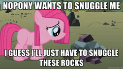 Size: 1280x720 | Tagged: source needed, useless source url, safe, screencap, pinkie pie, earth pony, pony, bronybait, cute, diapinkes, female, filly, image macro, imma snuggle you, meme, pinkamena diane pie, rock, rock farm, sad