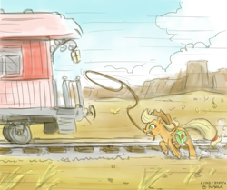 Size: 1000x834 | Tagged: safe, artist:king-kakapo, applejack, earth pony, pony, chase, galloping, gritted teeth, lasso, late, mouth hold, running, solo, train, wide eyes