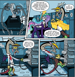 Size: 1281x1319 | Tagged: safe, idw, discord, princess celestia, alicorn, pony, spoiler:comic, chains, clothes, manacles, office, suit, tyrant celestia, visor, working