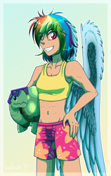 Size: 900x1425 | Tagged: safe, artist:inuhoshi-to-darkpen, derpibooru import, rainbow dash, tank, human, tanks for the memories, abs, belly button, clothes, humanized, midriff, swimsuit, winter swimsuit