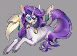 Size: 2500x1800 | Tagged: safe, artist:santagiera, rarity, classical unicorn, pony, unicorn, bridle, flower, leonine tail, prone, solo