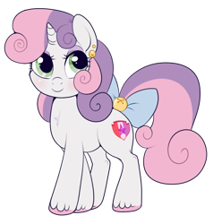 Size: 650x682 | Tagged: safe, artist:lulubell, derpibooru import, sweetie belle, pony, unicorn, bell, blushing, bow, cute, diasweetes, ear piercing, female, filly, looking at you, piercing, smiling, solo, tail bow