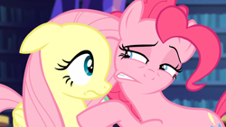 Size: 1366x768 | Tagged: safe, screencap, fluttershy, pinkie pie, pony, equestria girls, rainbow rocks, looking at each other, touch